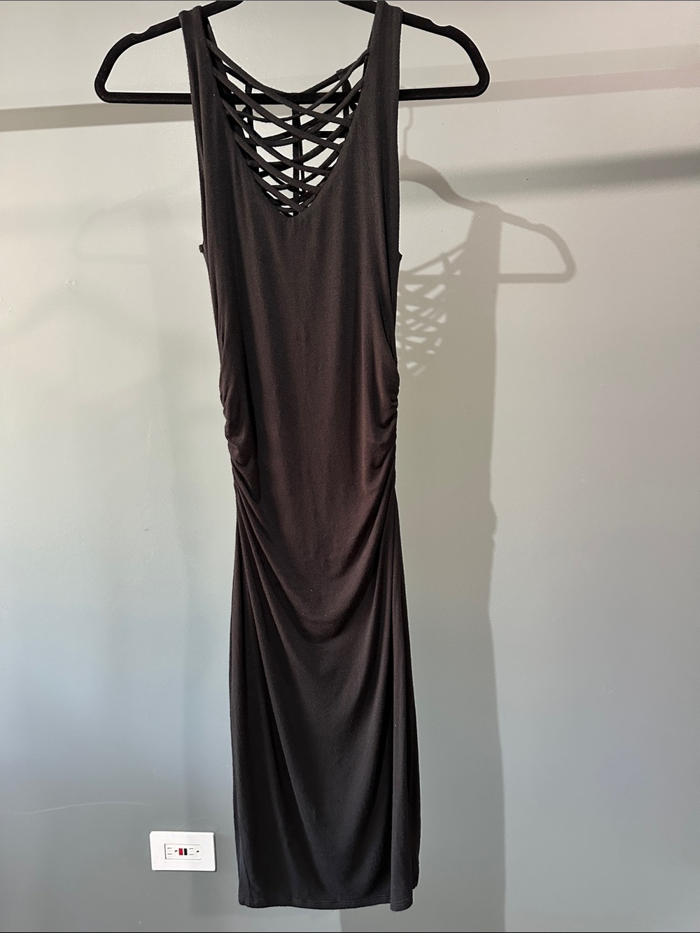 Sleeveless Black Ruched Dress with Lattice Back